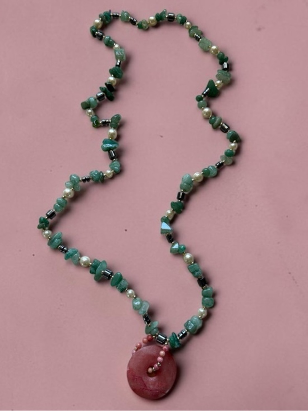 🫶🏻 Pink Zoisite 30mm & Green Agate Stone Beaded Necklace